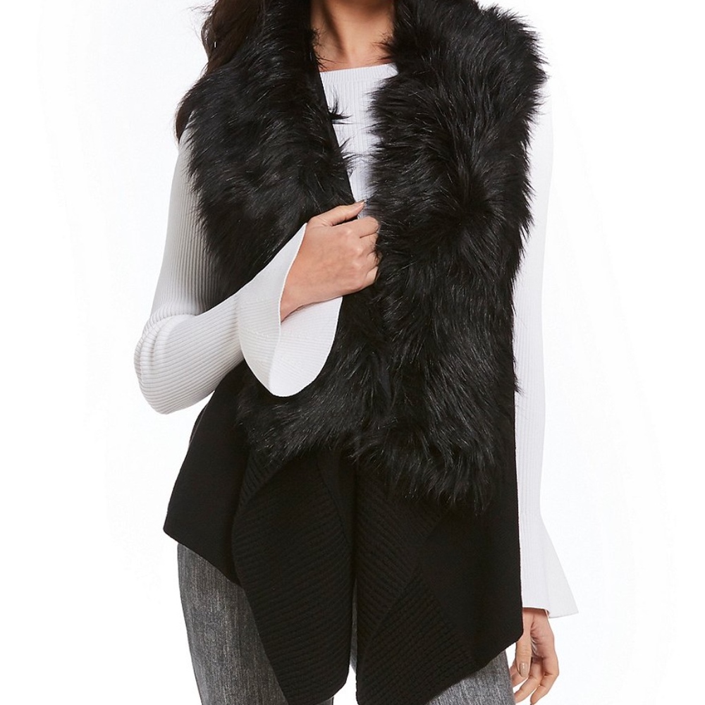 NWT Michael Kors Black Faux Fur Trim Sweater Vest